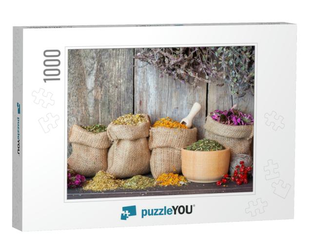Dried Healing Herbs in Hessian Bags & in Mortar on Wooden... Jigsaw Puzzle with 1000 pieces