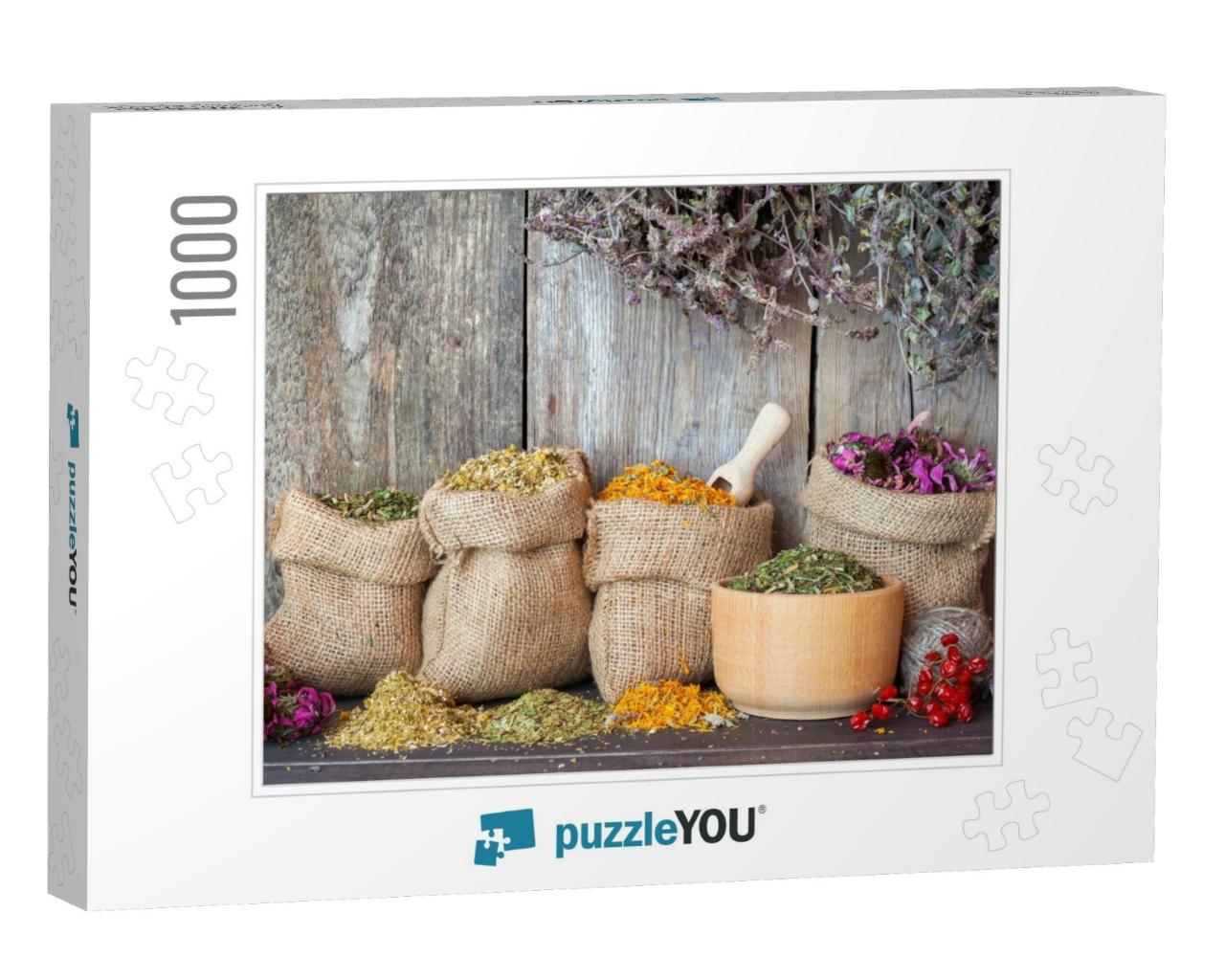Dried Healing Herbs in Hessian Bags & in Mortar on Wooden... Jigsaw Puzzle with 1000 pieces