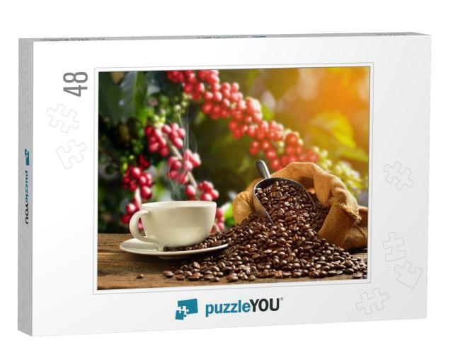 Cup of Coffee with Smoke & Coffee Beans in Burlap Sack on... Jigsaw Puzzle with 48 pieces