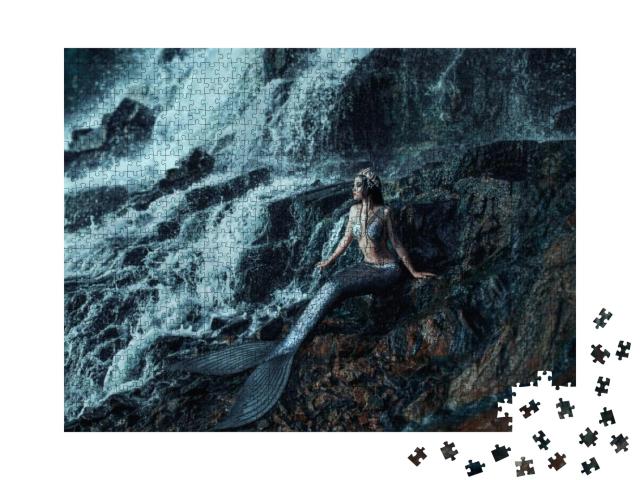 Gothic Real Mermaid Resting on Ocean Shore. Wet Silver Ta... Jigsaw Puzzle with 1000 pieces