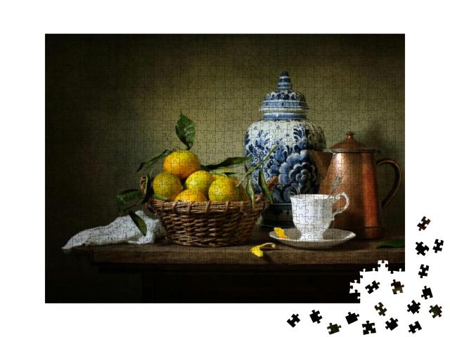 Still Life with Mandarins & a Delft Vase Textured for Art... Jigsaw Puzzle with 1000 pieces