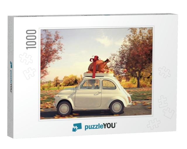 3D Rendering. Woman Driving with Big Turkey on Car Roof... Jigsaw Puzzle with 1000 pieces