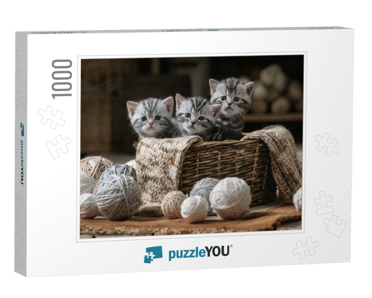 Group of Small Striped Kittens in an Old Basket with Ball... Jigsaw Puzzle with 1000 pieces