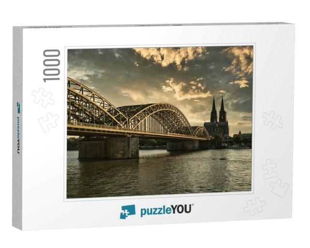 Cologne Cathedral At Sunset with River Rhine & Famous Hoh... Jigsaw Puzzle with 1000 pieces
