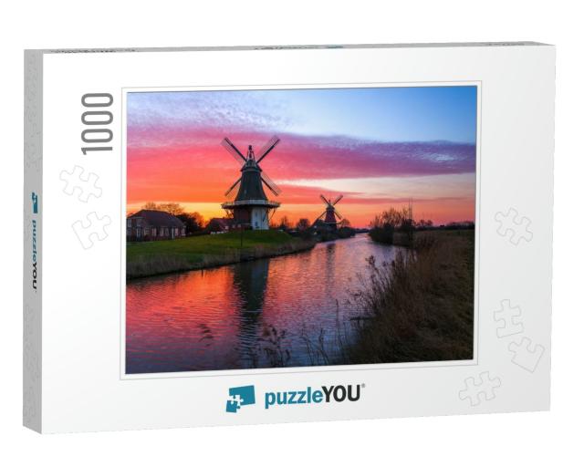 The Famous Twin Mills of Greetsiel, East Frisia At Sunris... Jigsaw Puzzle with 1000 pieces