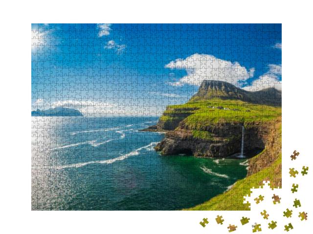 Gasadalur Village & Beautiful Waterfall, Sunny Day, Vagar... Jigsaw Puzzle with 1000 pieces