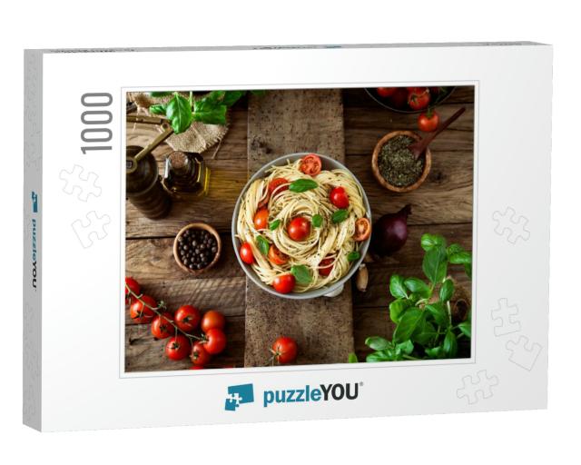 Italian Cuisine. Pasta with Olive Oil, Garlic, Basil & To... Jigsaw Puzzle with 1000 pieces