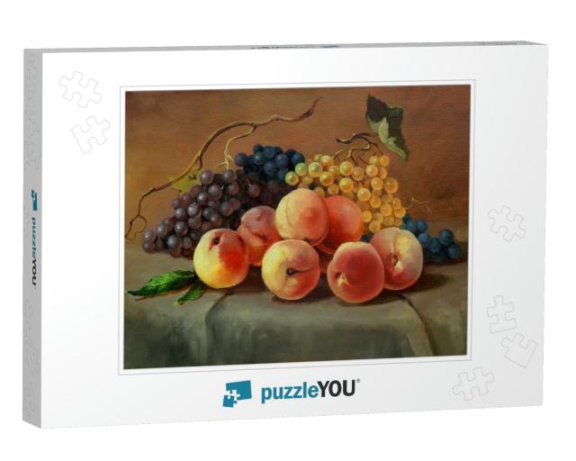 Ripe Juicy Peaches & Grapes on the Table, Handmade Painti... Jigsaw Puzzle