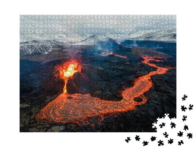 Lava Flows on Active Volcano Aerial View, Mount Fagradals... Jigsaw Puzzle with 1000 pieces