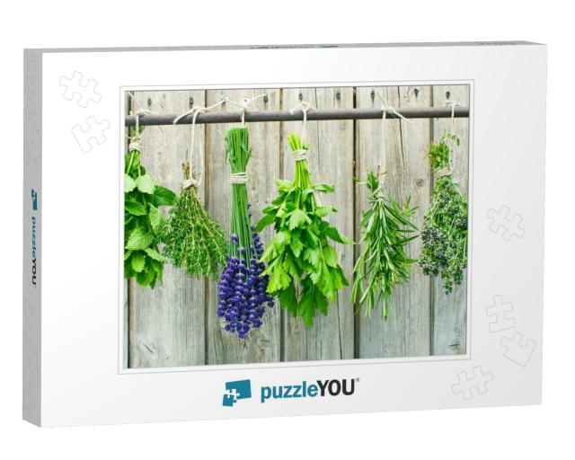 Various Fresh Herbs Hanging in Bundle on a Rod to Dry... Jigsaw Puzzle