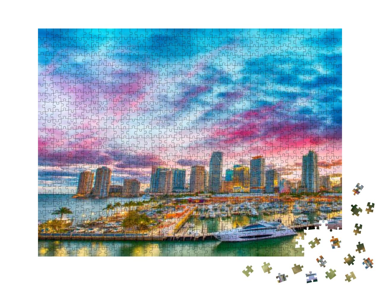 Magnificent Dusk Colors of Miami Skyline, Florida. Panora... Jigsaw Puzzle with 1000 pieces