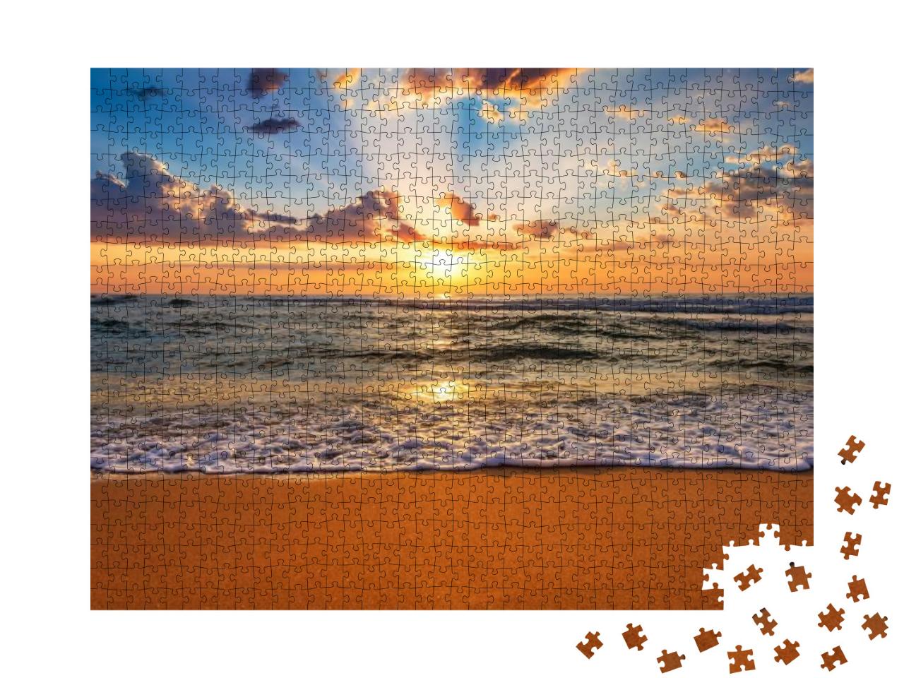 Colorful Ocean Beach Sunrise with Deep Blue Sky & Sun Ray... Jigsaw Puzzle with 1000 pieces