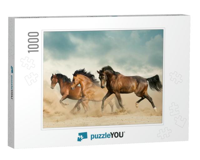 Beautiful Bay Horses Running in Desert on Freedom... Jigsaw Puzzle with 1000 pieces