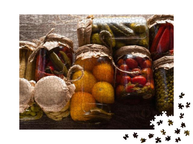 Top View of Delicious Pickles in Jars on Wooden Ta... Jigsaw Puzzle with 1000 pieces