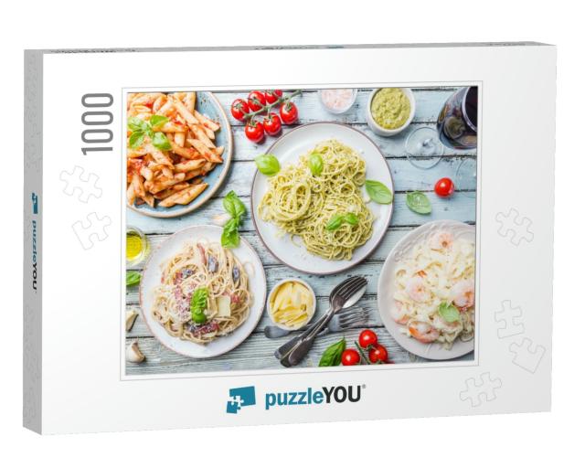 Several Plates of Pasta with Different Kinds of Sauce Ove... Jigsaw Puzzle with 1000 pieces