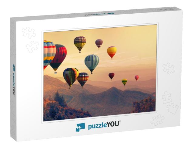 Hot Air Balloon Above High Mountain At Sunset, Filtered B... Jigsaw Puzzle