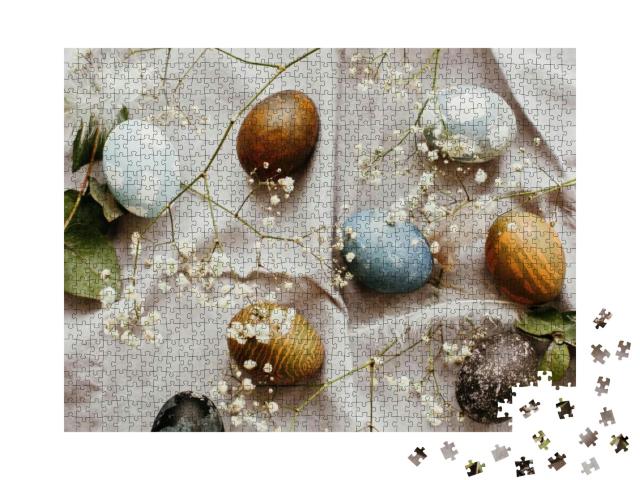 Happy Easter. Stylish Easter Eggs on Rustic Table Flat La... Jigsaw Puzzle with 1000 pieces