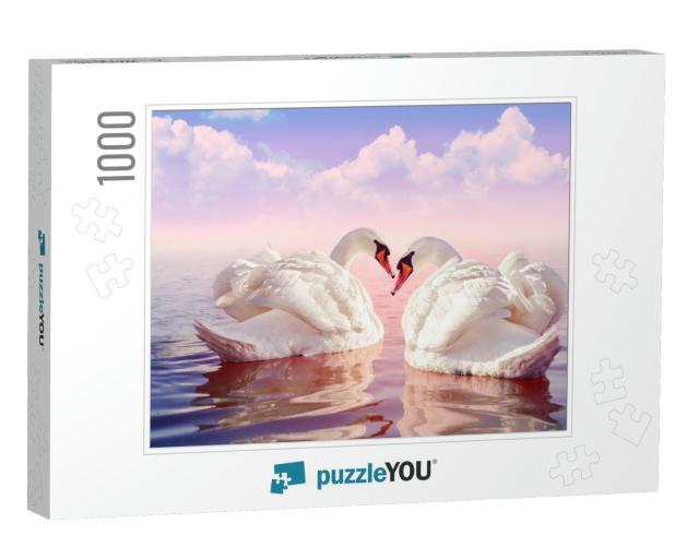 Couple of Beautiful White Swans in the Foggy Rose Lake At... Jigsaw Puzzle with 1000 pieces