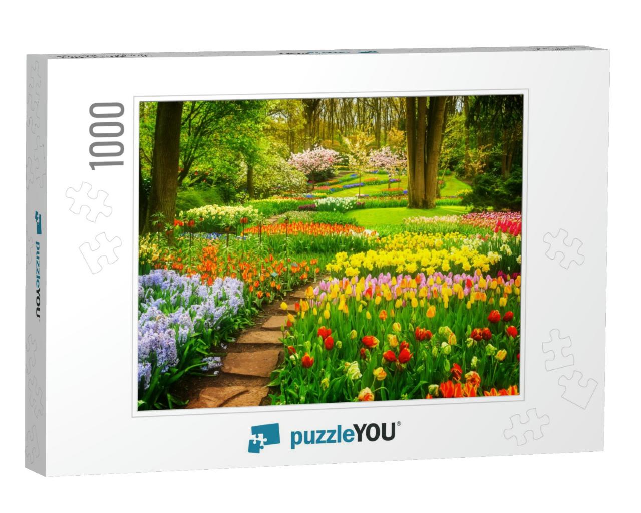 Colorful Tulips Flowerbeds & Stone Path in an Spring Form... Jigsaw Puzzle with 1000 pieces