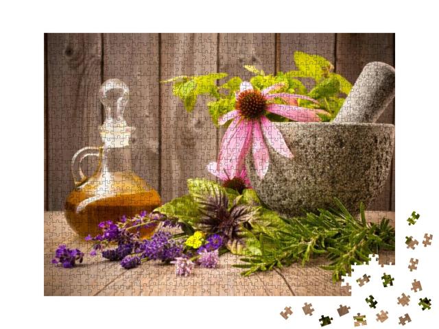 Healing Herbs with Mortar & Bottle of Essential Oil on Wo... Jigsaw Puzzle with 1000 pieces