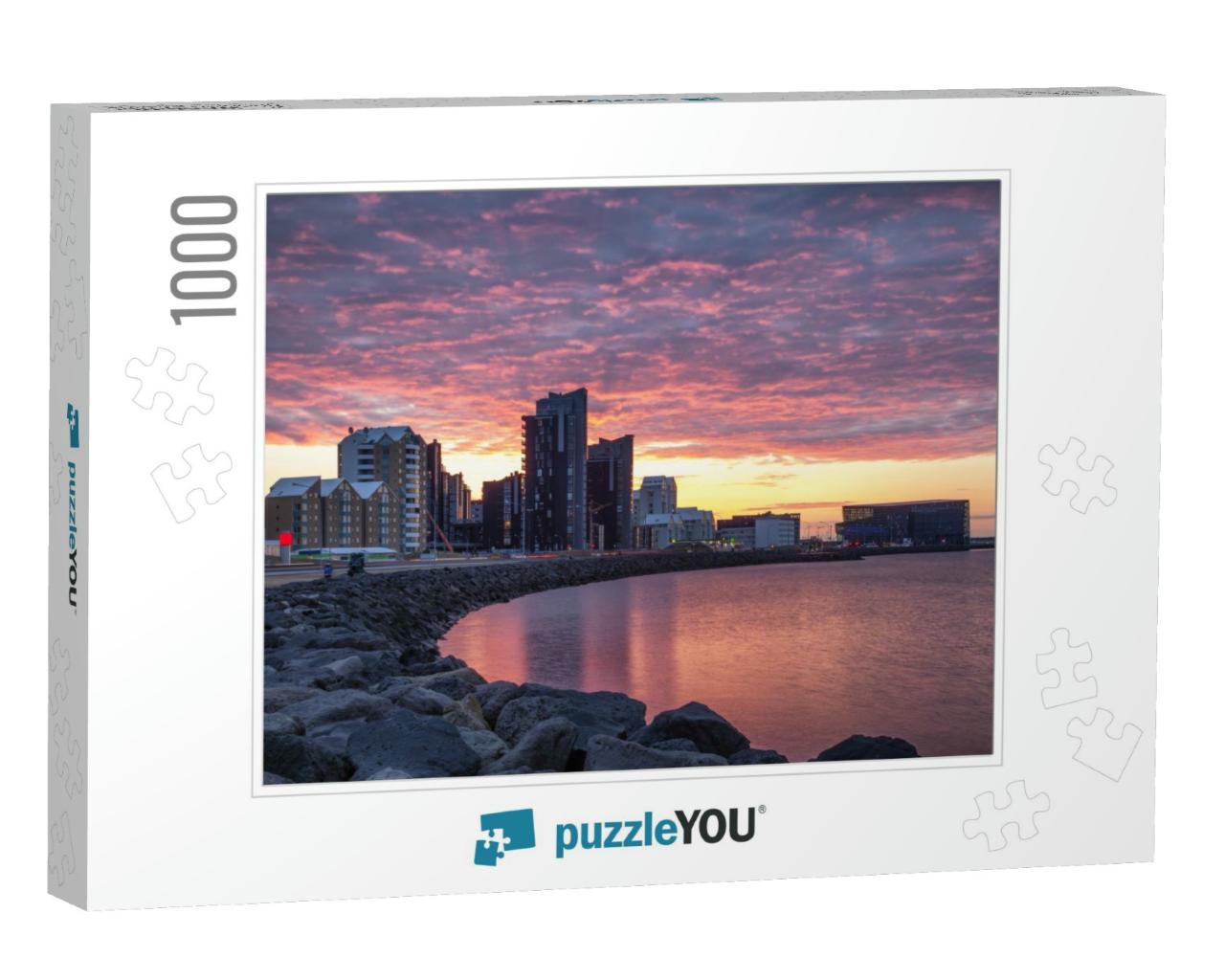 Sunset Over the Bay Embankment of Reykjavik. Colorful Sky... Jigsaw Puzzle with 1000 pieces