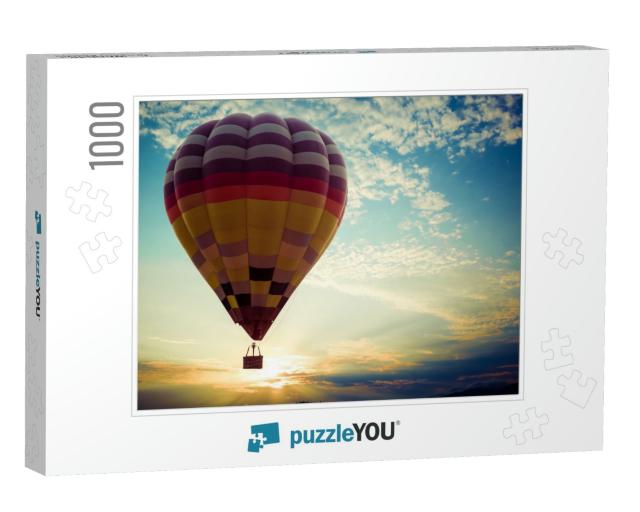 Colorful Hot Air Balloon Flying on Sky At Sunset. Travel... Jigsaw Puzzle with 1000 pieces