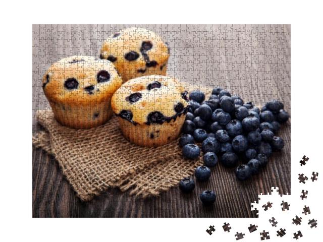 Muffin with Blueberries on a Wooden Table. Fresh Berries... Jigsaw Puzzle with 1000 pieces
