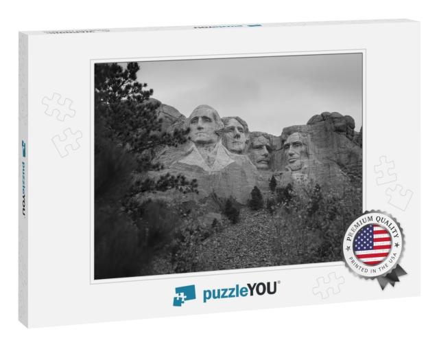 A Greyscale Shot of Mount Rushmore in the Usa... Jigsaw Puzzle