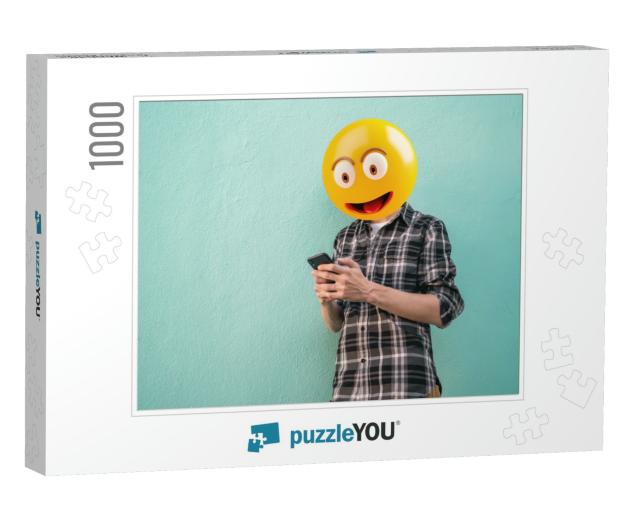 Emoji Head Man Using a Smartphone. Emoji Concept... Jigsaw Puzzle with 1000 pieces