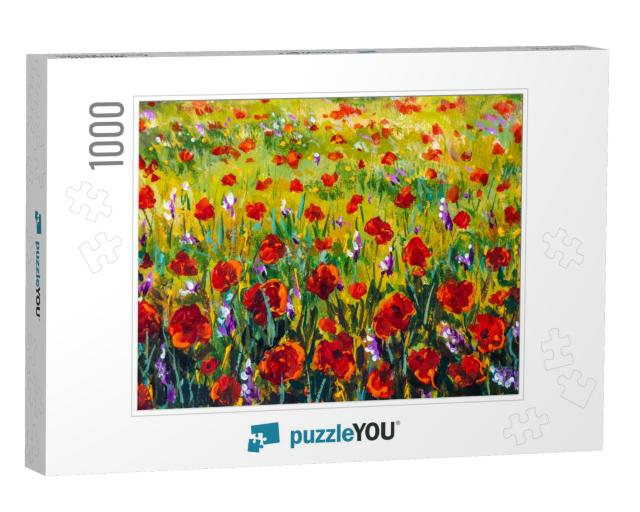 Red Poppies Tulips Rose Flowers in Green Grass Palette Kn... Jigsaw Puzzle with 1000 pieces