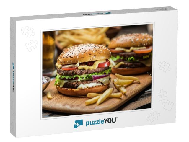 Hamburgers & French Fries on the Wooden Tray... Jigsaw Puzzle