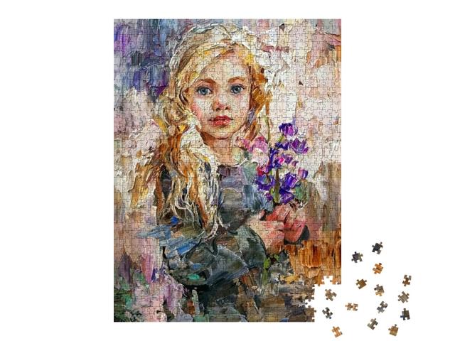Cute Little Blonde Hair Girl Holding a Bluebells Flowers... Jigsaw Puzzle with 1000 pieces