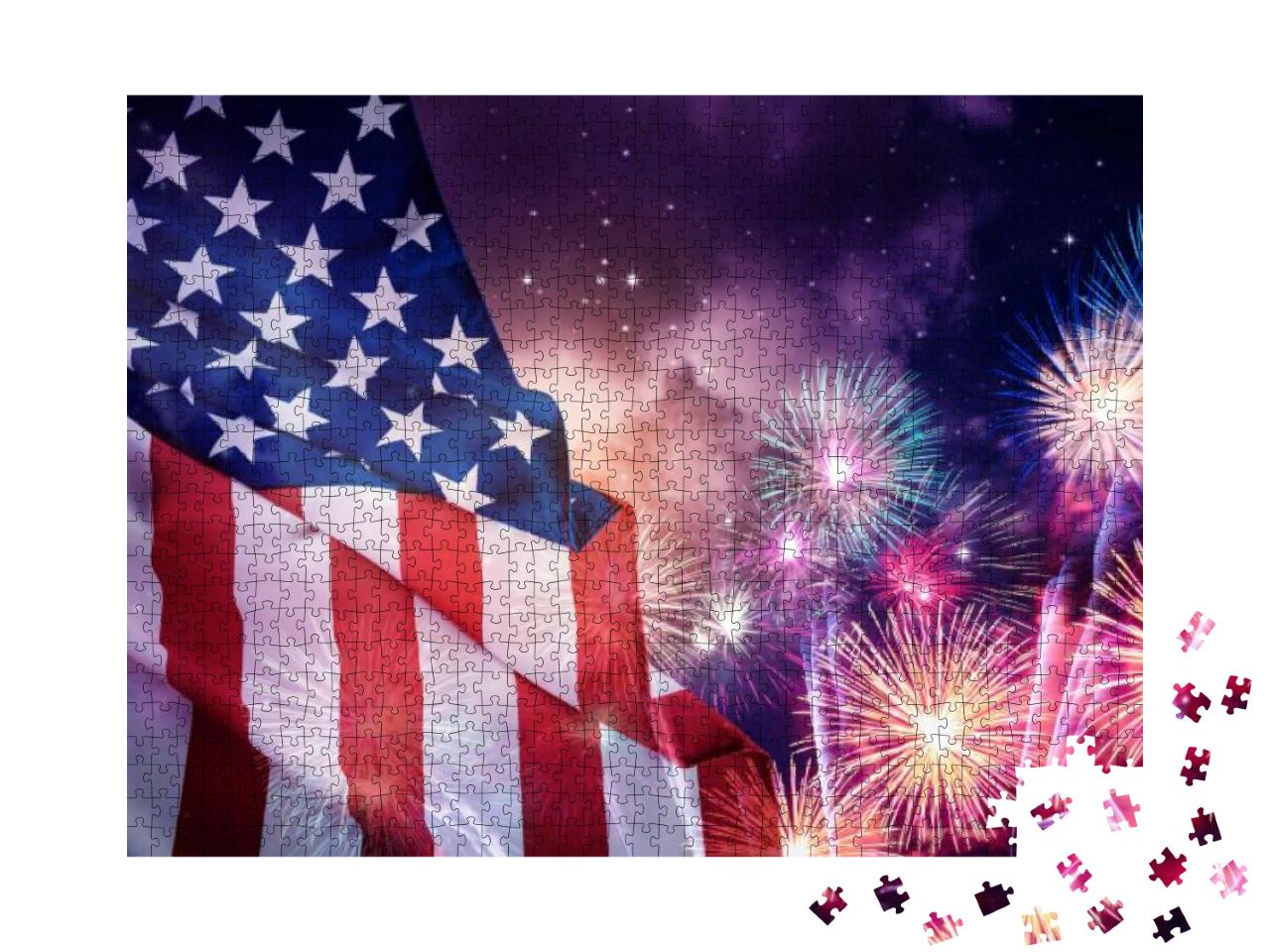 American Flag & Fireworks with Night Sky Background... Jigsaw Puzzle with 1000 pieces