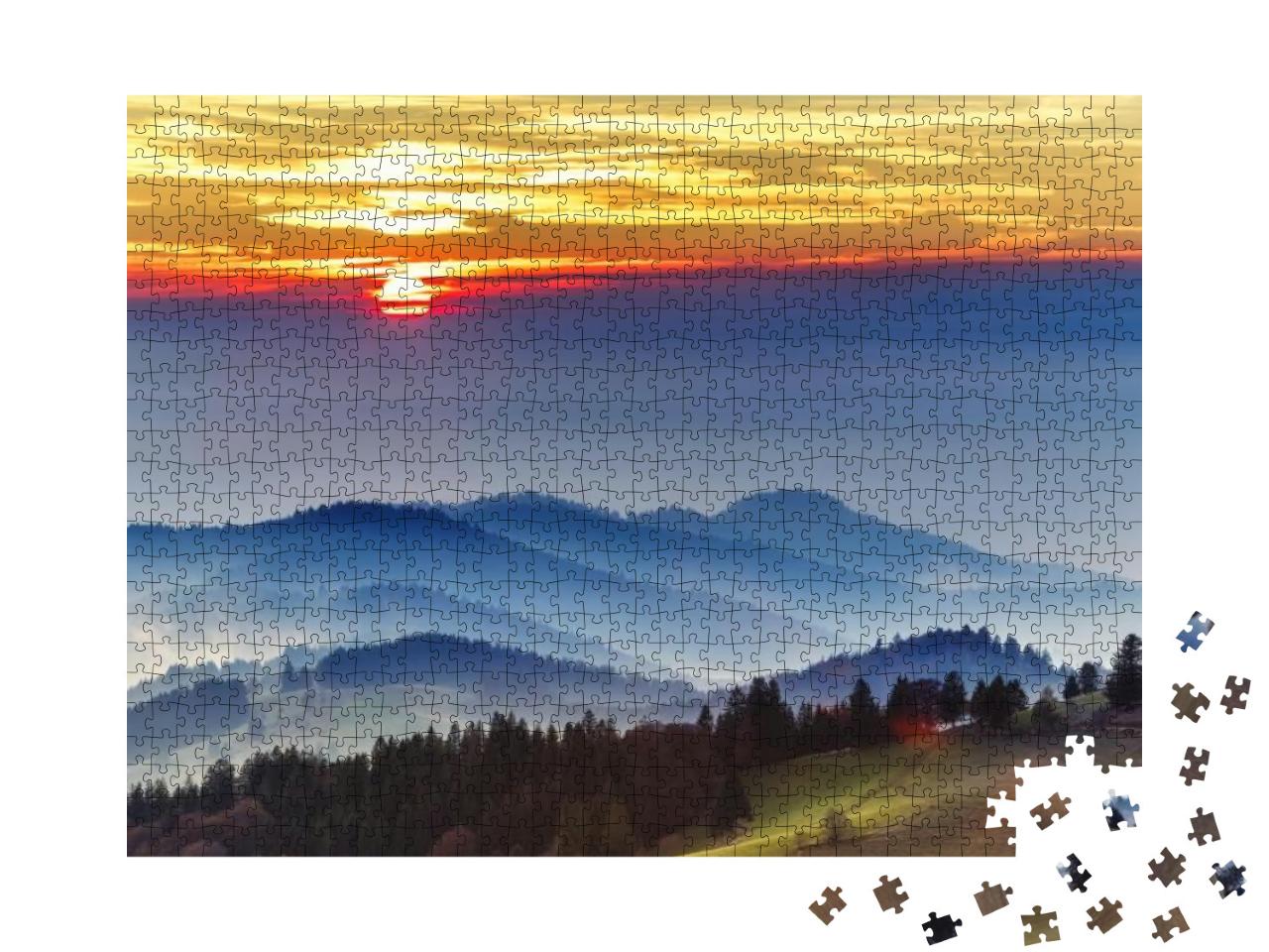 Dramatic Sunset Over Black Forest Mountains in Germany. S... Jigsaw Puzzle with 1000 pieces