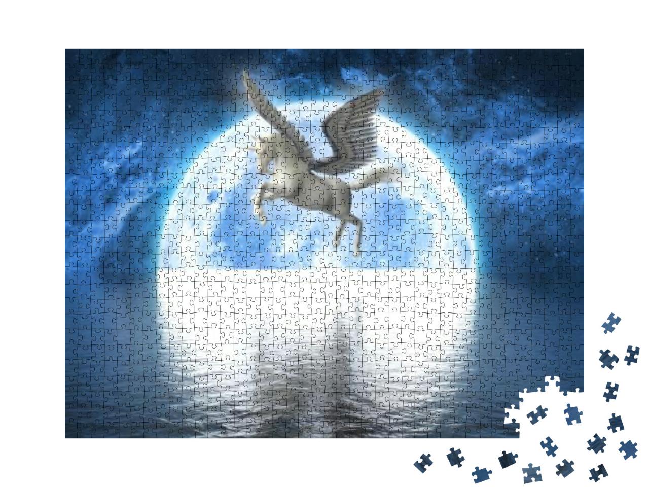 Unicorn with Wings on the Background of a Large Full Moon... Jigsaw Puzzle with 1000 pieces