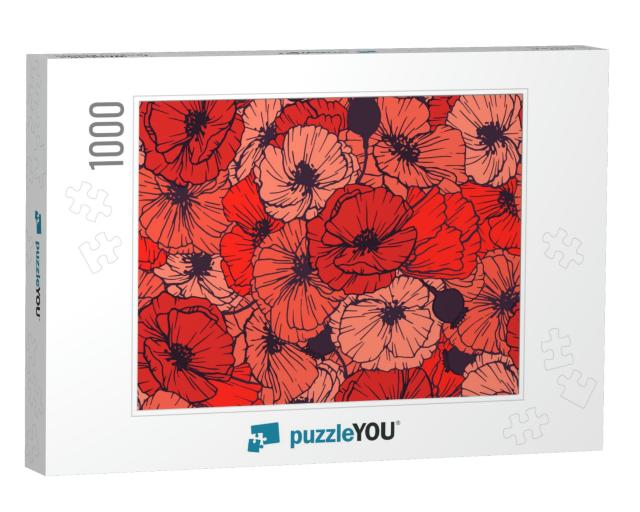 Red Poppies Seamless Pattern. Summer Flowers in Linear En... Jigsaw Puzzle with 1000 pieces