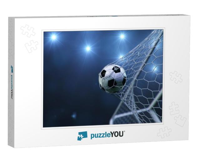 Soccer ball flew into the goal. Soccer ball bends  Jigsaw Puzzle