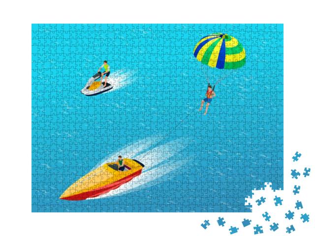 Man Parasailing with Parachute Behind the Motor Boat. Cre... Jigsaw Puzzle with 1000 pieces