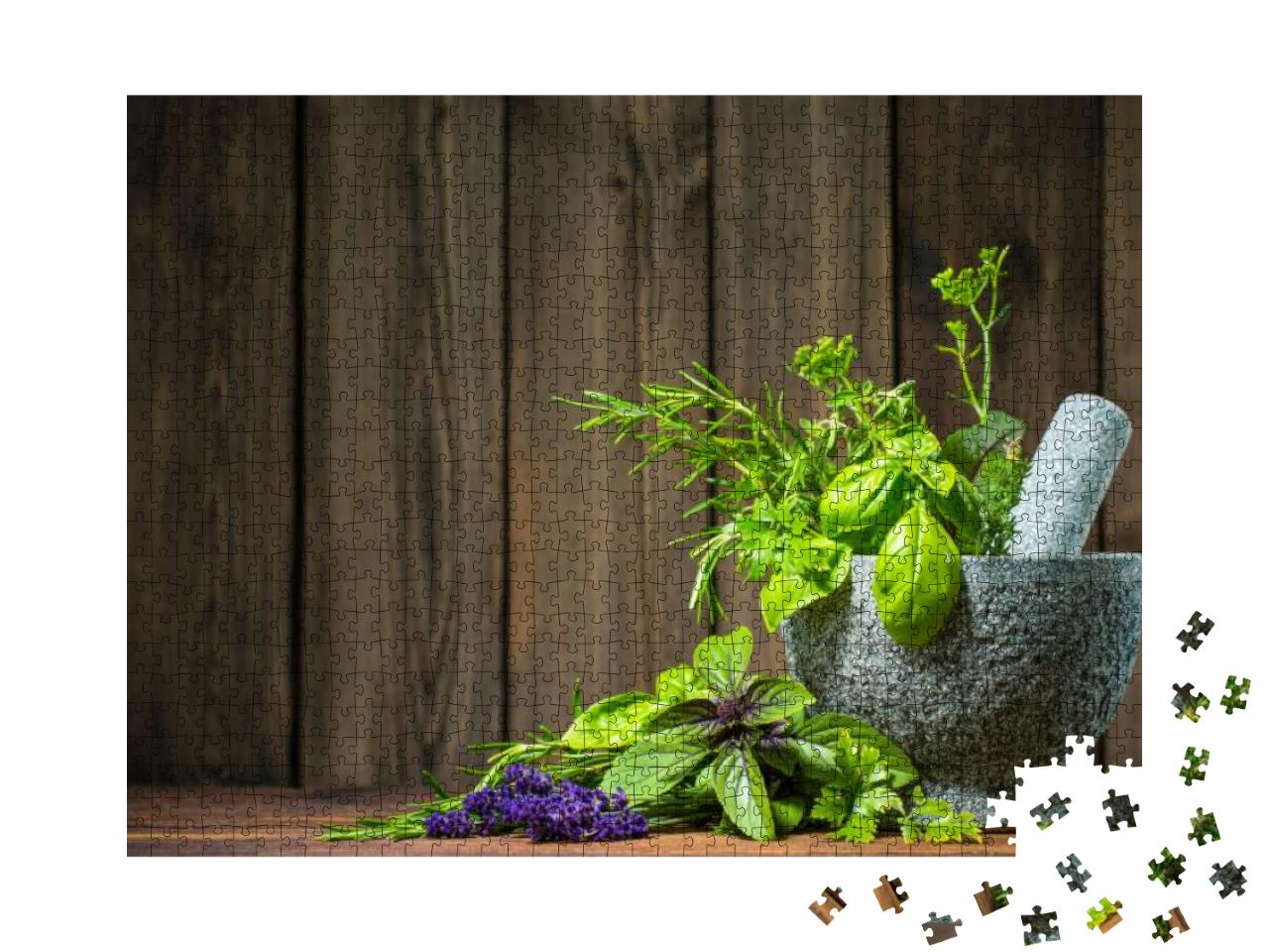 Mortar with Aromatic Kitchen Herbs on Wooden Table... Jigsaw Puzzle with 1000 pieces