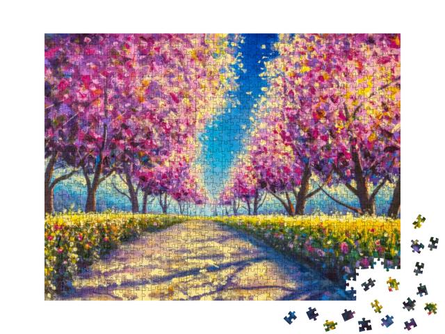 Cherry Sacura Blossom Alley Painting. Sacura Park Oil Pai... Jigsaw Puzzle with 1000 pieces