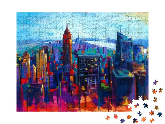 New York Colorful Painting Panorama View Over Manhattan S... Jigsaw Puzzle with 1000 pieces