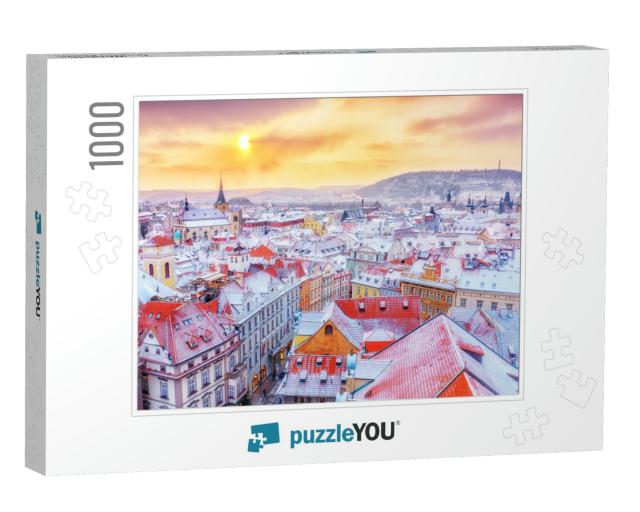 Prague in Christmas Time, Classical View on Snowy Roofs i... Jigsaw Puzzle with 1000 pieces