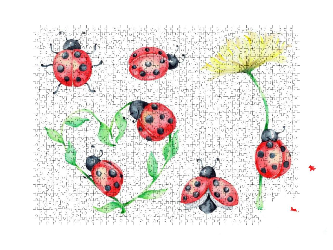 Big Ladybug Set, Green & Yellow Flowers Watercolor... Jigsaw Puzzle with 1000 pieces