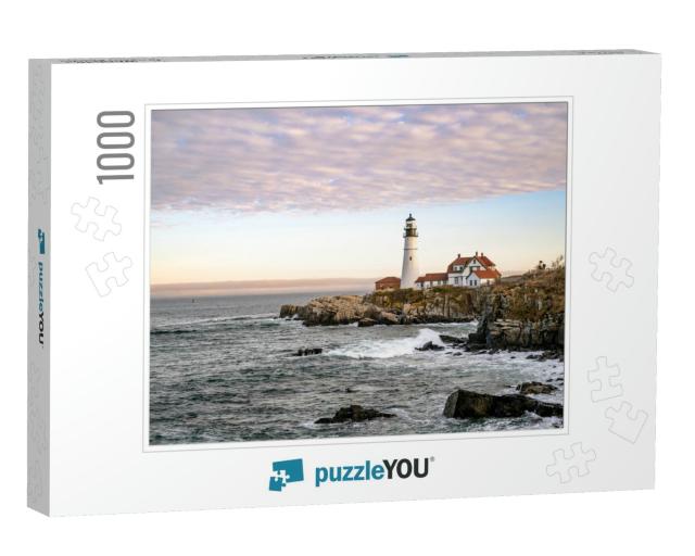 Lighthouse Illuminated by the Setting Sun on a Rocky Prom... Jigsaw Puzzle with 1000 pieces