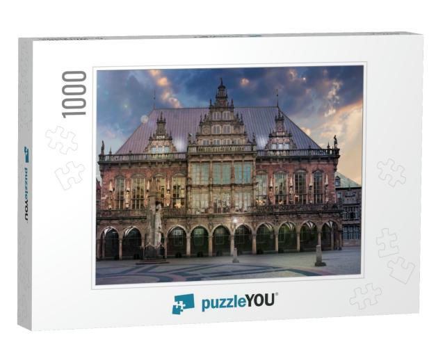 The Marketplace in Bremen with City Hall & Roland At Dawn... Jigsaw Puzzle with 1000 pieces