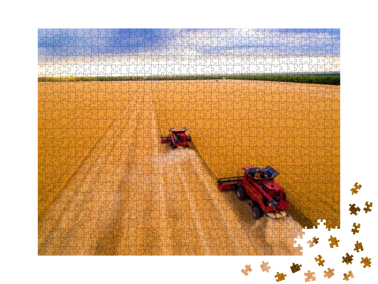 Harvesting of Wheat in Summer. Two Red Harvesters Working... Jigsaw Puzzle with 1000 pieces