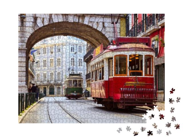 Lisbon, Portugal. Vintage Red Retro Tram on Narrow Bystre... Jigsaw Puzzle with 1000 pieces