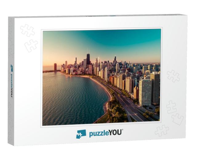 Chicago Skyline Aerial View with Sunrise Above Downtown B... Jigsaw Puzzle