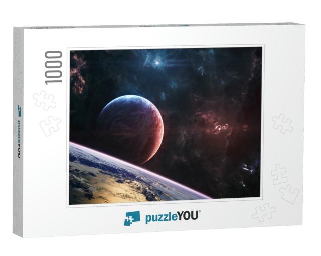 Planets in Deep Space. Nebulae in the Light of Red & Blue... Jigsaw Puzzle with 1000 pieces