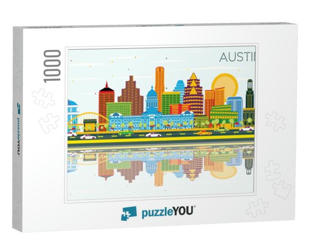 Austin Texas Skyline with Color Buildings, Blue Sky & Ref... Jigsaw Puzzle with 1000 pieces